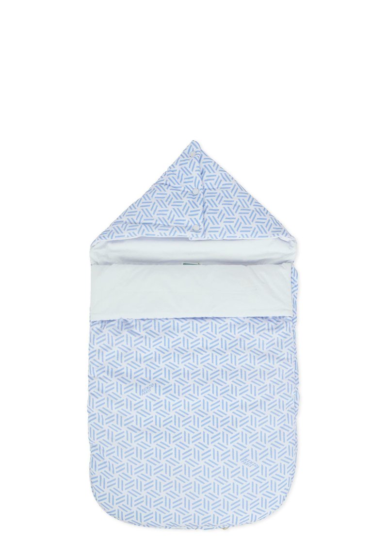 Sacco a pelo azzurro chiaro con un motivo geometrico. Tessuto morbido, cappuccio triangolare e fodera bianca. La chiusura è dotata di bottoni a pressione.