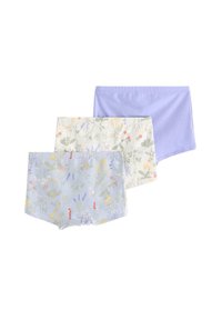Tre par kvinders boxershorts. Et par ensfarvet lyslilla, et i cremet farve med farverige blomsterprint, og et par lysblå med blomsterdesign.
