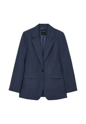 Blazer aderente blu navy realizzato in tessuto texturizzato, con rever a dente di cane, chiusura a un bottone e due tasche frontali.