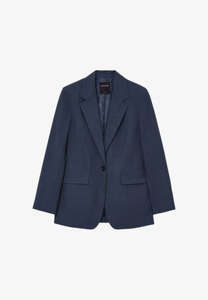 Marineblaues, tailliertes Blazer aus strukturiertem Stoff, mit Reverskragen, einreihigem Knopfverschluss und zwei Vordertaschen.