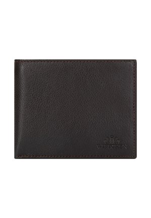 Dark brown leather wallet with textured surface, simple rectangular design, subtle stitching, and embossed brand logo in the lower corner.