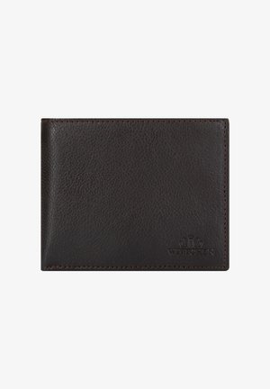 Dark brown leather wallet with textured surface, simple rectangular design, subtle stitching, and embossed brand logo in the lower corner.