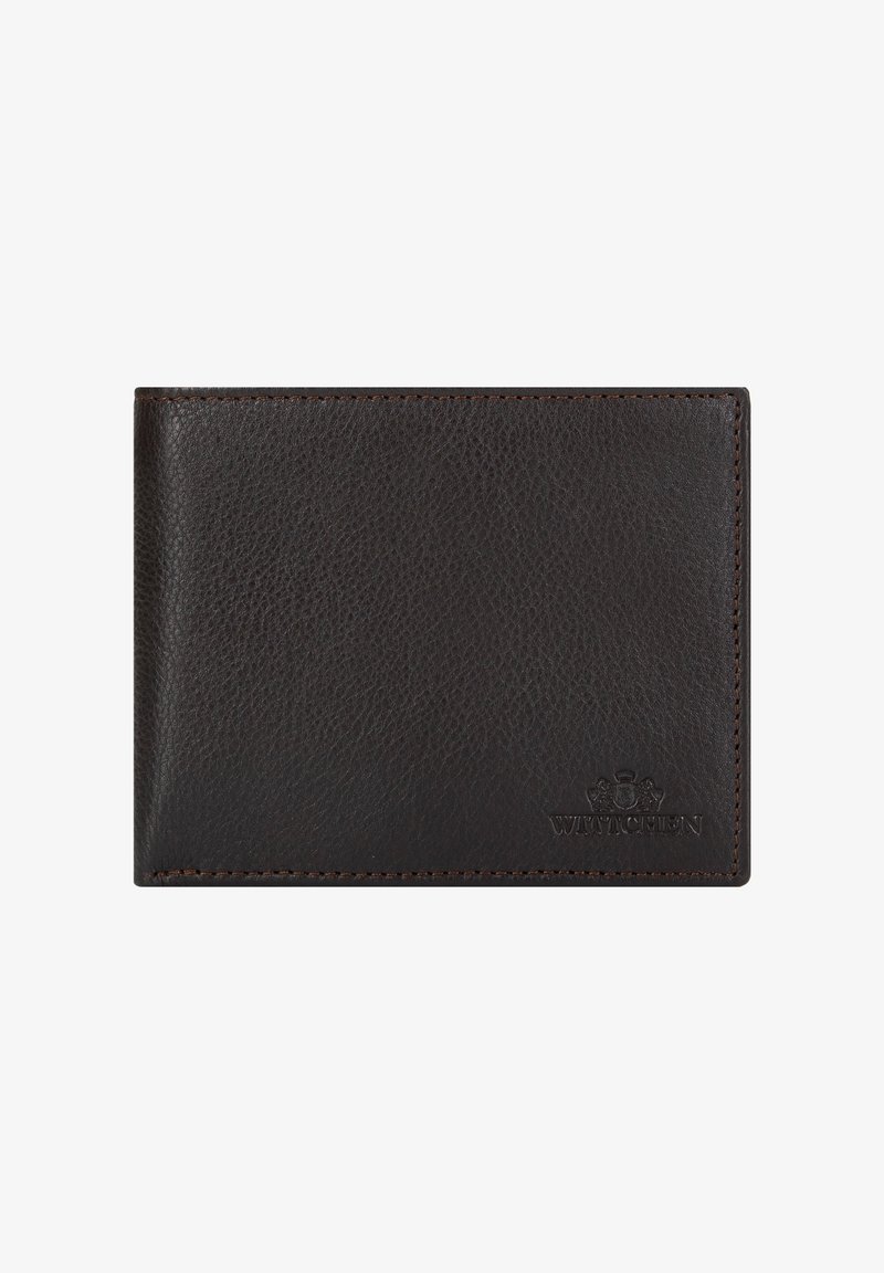 Ciemnobrązowy skórzany portfel o teksturowanej powierzchni, prostym prostokątnym kształcie, delikatnym przeszyciu i wytłoczonym logo marki w dolnym rogu.