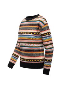 Sweter z dzianiny z wielokolorowymi wzorami serc i geometricznymi, okrągły dekolt, czarne mankiety i dolny brzeg.