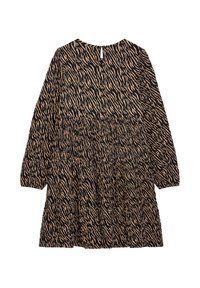 Schwarzes Kleid mit langen Ärmeln, das ein braunes Tigerstreifenmuster aufweist, einen runden Halsauschnitt hat und eine geraffte Taille für eine ausgestellte Silhouette bietet.