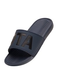 Blue slide sandal with a textured sole. Features a wide strap with black, bold lettering. Made of synthetic material, smooth finish.
