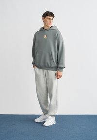 Γκρι βαμβακερή φούτερ με κουκούλα, μπροστινή τσέπη και πολύχρωμο έμβλημα, συνδυασμένη με ανοιχτό γκρι φόρμα και λευκά αθλητικά παπούτσια, στέκεται σε μπλε πάτωμα.