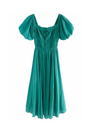 Robe teal, à longueur genou, avec des manches bouffantes, un corsage smocké et un décolleté carré. Fabriquée en tissu léger avec une silhouette fluide.