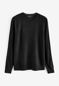 Sort langærmet sweater lavet af blødt strikmateriale. Har en rund halsudskæring, ribbede manchetter og en klassisk, glat tekstur.