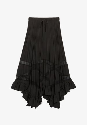 Jupe plissée noire avec un waistband élastique, cordon à nouer, ourlet volanté et accents transparents à motifs près du bas.