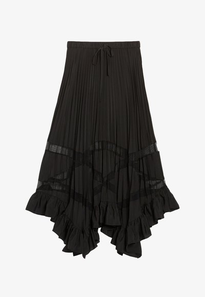 Jupe plissée noire avec un waistband élastique, cordon à nouer, ourlet volanté et accents transparents à motifs près du bas.