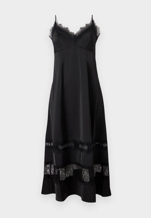 Schwarzes Satin-Nachthemd mit Spitzensaum am Ausschnitt und Saum, mit dünnen Trägern und einem fließenden, knöchellangen Schnitt.