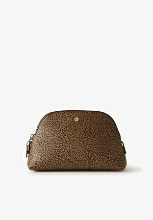 Brown textured leather cosmetic pouch with rounded top, gold zipper, and small gold button detail on front center.