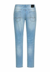 Lyseblå cowboybukser vist bagfra med to lommer, subtil falmning, syninger i bølgemønster på lommerne og en sort båndlabel i taljen.