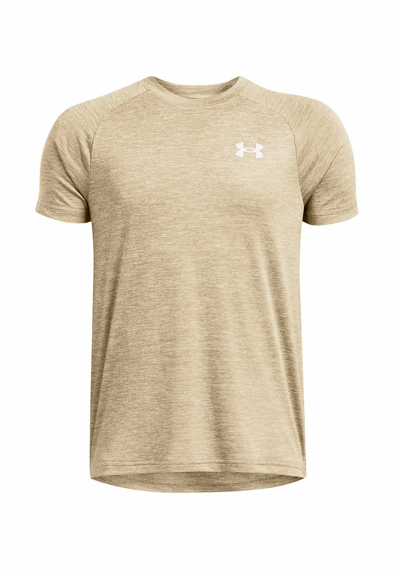Béžové športové tričko s krátkym rukávom a okrúhlym výstrihom, s bielym logom Under Armour na ľavej hrudi.