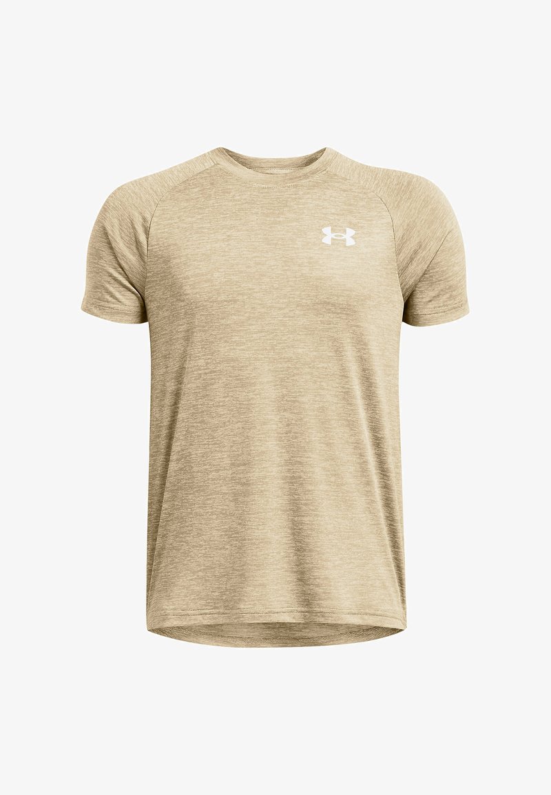 Bēša īsām piedurknēm sporta t-krekls ar apaļu kaklu un balto Under Armour logo kreisajā krūtīs.