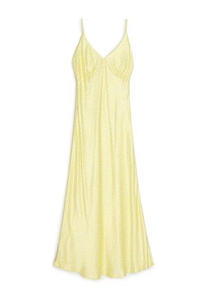 Żółta sukienka midi bez rękawów z cienkimi ramiączkami, dekoltem w serek, subtelnym wzorem i zwiewnym materiałem.