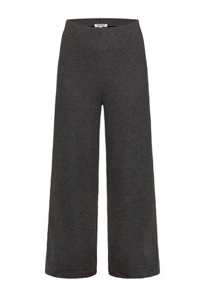 Weite Hose in Dunkelgrau, gefertigt aus einem weichen Stoff. Verfügt über eine hohe Taille und vertikale Nähte für Struktur. Einfaches und vielseitiges Design.