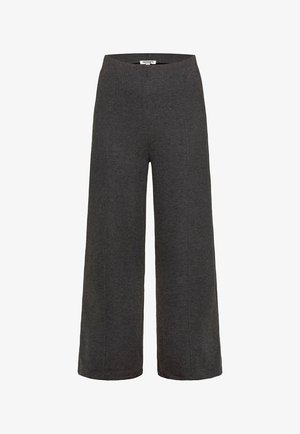 Weite Hose in Dunkelgrau, gefertigt aus einem weichen Stoff. Verfügt über eine hohe Taille und vertikale Nähte für Struktur. Einfaches und vielseitiges Design.