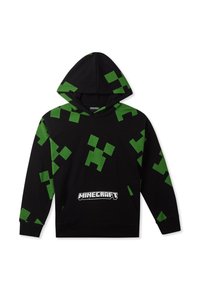 Felpa con cappuccio nera in pile, con motivo a quadrati verdi pixelati, cappuccio regolabile e tasca frontale con il logo "Minecraft" in bianco.