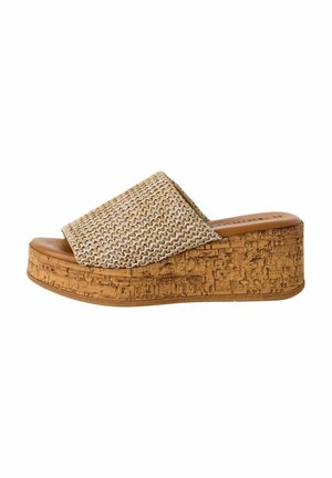 Sandali platform in sughero con una parte superiore intrecciata di colore marrone chiaro. La fascia ampia copre il piede, e la suola presenta un design in sughero texturizzato.