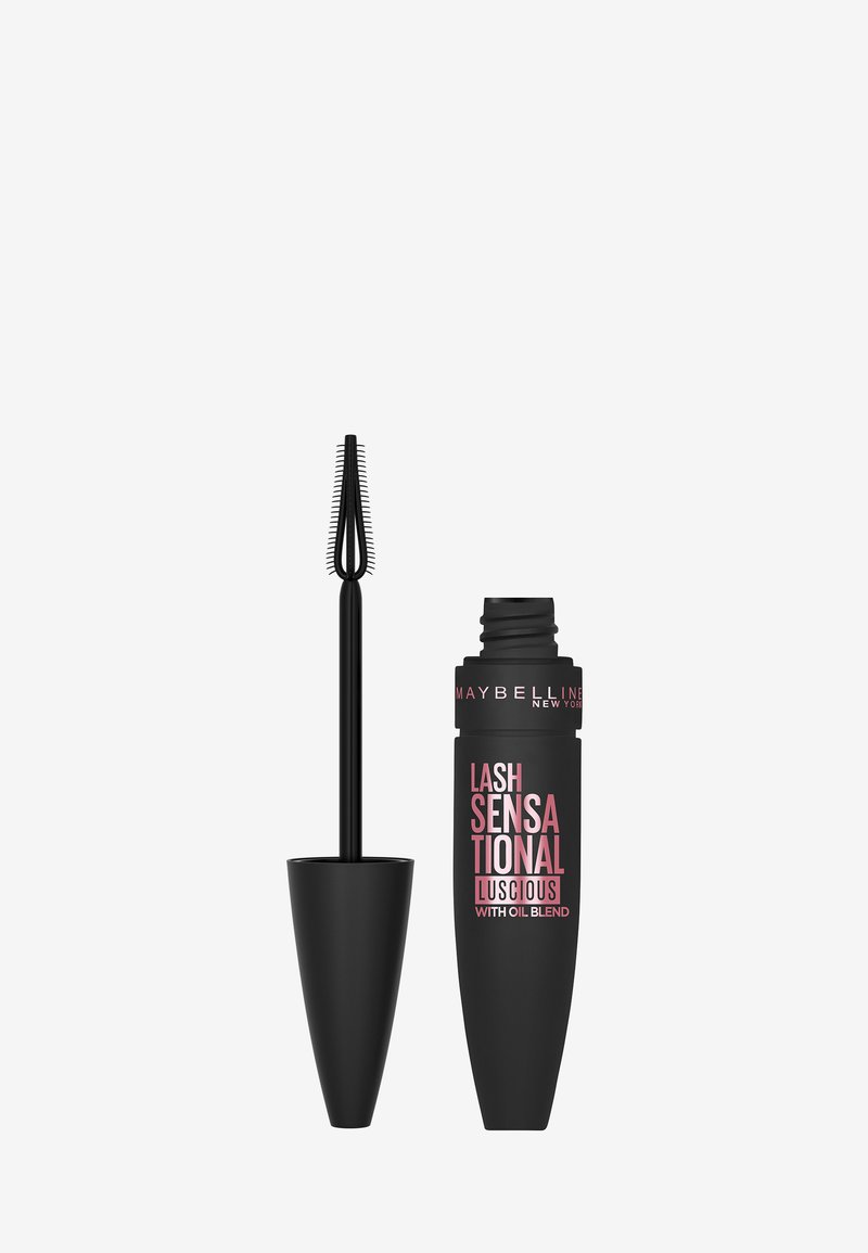 Tube de mascara noir au design effilé, avec une étiquette rose portant les mots "Lash Sensational Luscious with Oil Blend" et une brosse étroite.