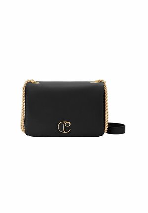 Borsa a tracolla nera in pelle con una tracolla in catena dorata, caratterizzata da un accento del logo sulla parte anteriore. Forma rettangolare con texture liscia.