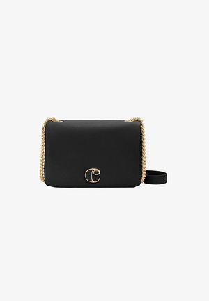 Borsa a tracolla nera in pelle con una tracolla in catena dorata, caratterizzata da un accento del logo sulla parte anteriore. Forma rettangolare con texture liscia.