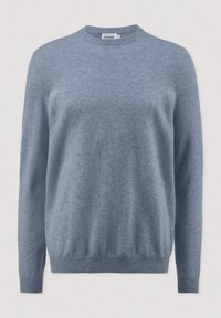 Lichtblauwe ronde hals trui van zacht materiaal. Voorzien van lange mouwen en ribbelmanchetten en -zoom. Glad textuur zonder patronen.