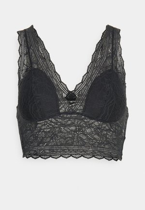 Bralette in pizzo nero con scollatura a V profonda, motivi floreali, bordi ondulati e spalline larghe in pizzo. Presenta coppe morbide per una vestibilità confortevole.