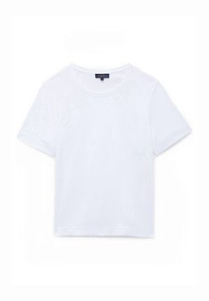 Witte T-shirt met korte mouwen en een ronde hals, gemaakt van een gladde, lichte stof. Heeft een subtiele textuur en een rechte zoom.