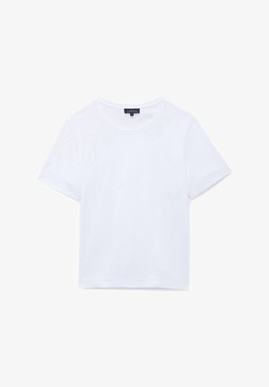 T-shirt bianco a maniche corte con scollatura rotonda, realizzato in un tessuto liscio e leggero. Presenta una texture sottile e un orlo dritto.