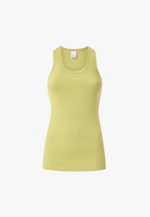 Canotta verde chiaro a coste con scollatura rotonda e spalline larghe, dotata di un piccolo logo bianco sulla parte anteriore.