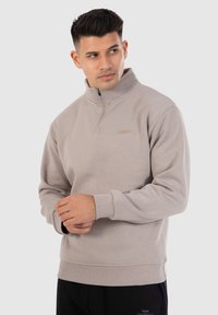 Lichtgrijze rits-sweatshirt met hoge kraag, gemaakt van zacht materiaal. Bevat ribgebreide manchetten en tailleband, met subtiele merklogo-details.