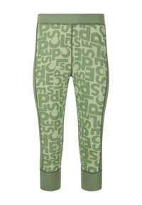 Green capri leggings featuring a large, repeating text pattern in a darker shade of green. Soft, stretchy material with a fitted design.