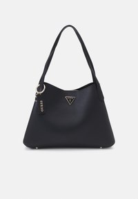 Borsa nera con una texture liscia, logo triangolare, hardware color oro e un'etichetta rimovibile. Design morbido e strutturato con maniglie doppie.