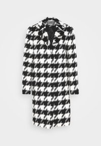 Zwart-wit houndstooth-patroon jas met lange mouwen, geknikte revers en twee zijzakken. Textiel met een gestructureerd ontwerp.