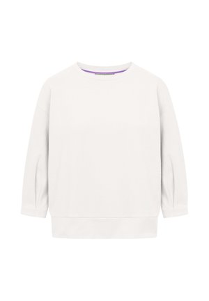 Langärmeliges weißes Sweatshirt mit Rundhalsausschnitt, lockerem Schnitt und geripptem Saum, präsentiert vor einem schlichten weißen Hintergrund.