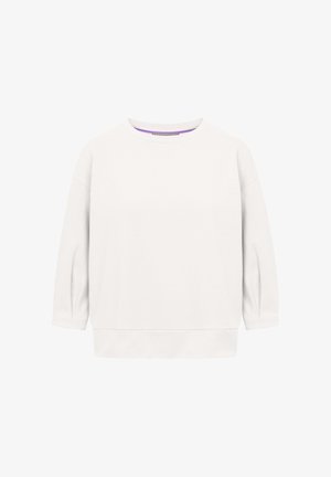 Langärmeliges weißes Sweatshirt mit Rundhalsausschnitt, lockerem Schnitt und geripptem Saum, präsentiert vor einem schlichten weißen Hintergrund.