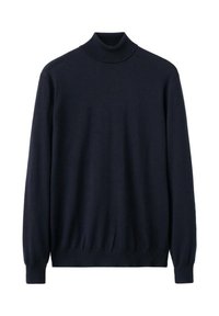 Marineblauwe coltrui gemaakt van zachte gebreide stof, met lange mouwen en een aangesloten taille, voorzien van een geribbelde kraag en manchetten.