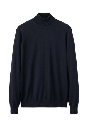 Mörkblå polotröja i mjukt stickat tyg, med långa ärmar och figursydd midja, samt ribbstickad krage och muddar.