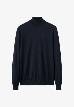 Marineblauwe coltrui gemaakt van zachte gebreide stof, met lange mouwen en een aangesloten taille, voorzien van een geribbelde kraag en manchetten.