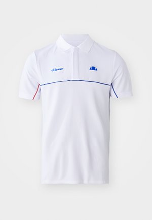 White polo shirt in textured fabric with a blue accent stripe. Features a collared neck, short sleeves, and a logo on the left chest.