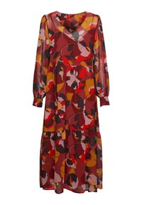 Lång, böljande klänning i genomskinligt tyg med ett blommönster i röd, rosa och gul. V-ringning, långa ärmar och design med flera lager på kjolen.