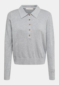 Maglione polo grigio a maniche lunghe con colletto a coste, chiusura a cinque bottoni e orlo elasticizzato. Tessuto a maglia morbido con dettagli sottili sulle maniche.