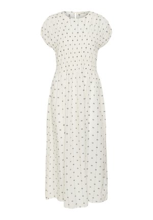Witte midi-jurk met korte pofmouwen, een gerimpeld lijfje en een klein zwart bloemmotief over de hele jurk.