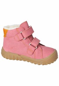 Stivale in pelle rosa con due cinturini in Velcro, suola in gomma beige e foderato morbido. Presenta una tomaia texturizzata e un accento arancione sul tallone.