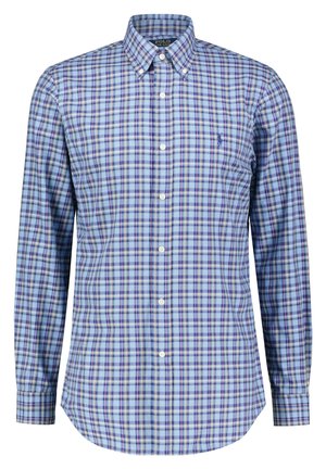 Chemise pour homme à manches longues avec boutons, présentant un motif à carreaux bleu, violet et blanc, avec le logo Polo Ralph Lauren sur la poitrine.