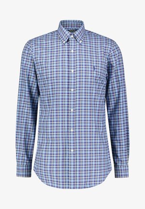 Pánská košile s dlouhým rukávem na knoflíky s modrým, fialovým a bílým károvaným vzorem a logem Polo Ralph Lauren na hrudi.