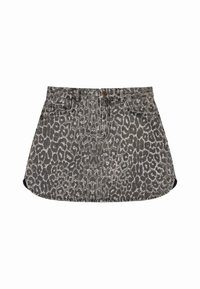 Džínová sukňa s leopardím vzorom v šedej a čiernej farbe, s predným zapínaním na gombíky a dvoma bočnými vreckami. Zaoblený lem so bočnými rozparkami.